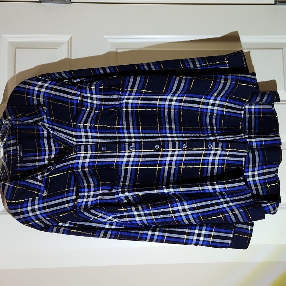 Lane Bryant Button-Front Metallic Plaid No Peek Boyfriend Flannel Shirt Gold